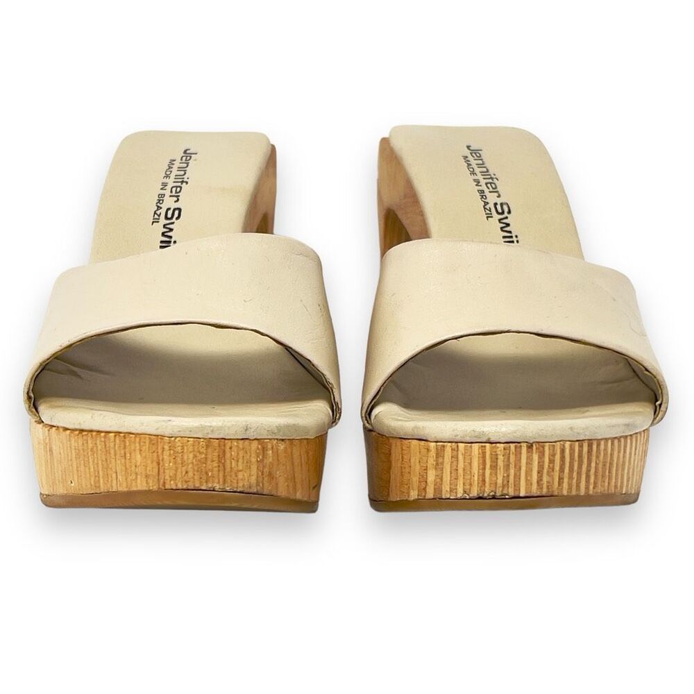 Anthropologie Jennifer Swii Cream Leather Platform Wooden Curved Heel Sandals 7 - Picture 3 of 11